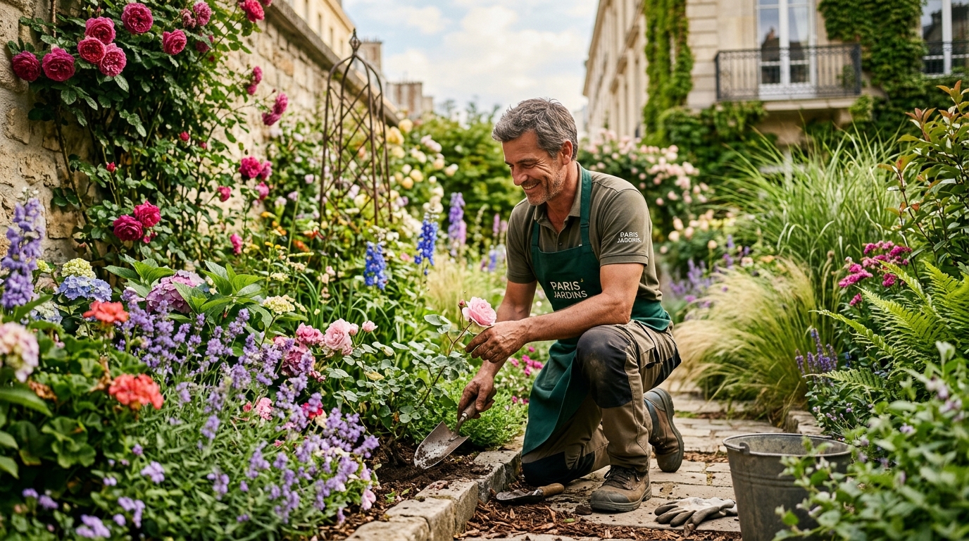 Artisan paysagiste Jardin Vert soignant un jardin fleuri à Paris